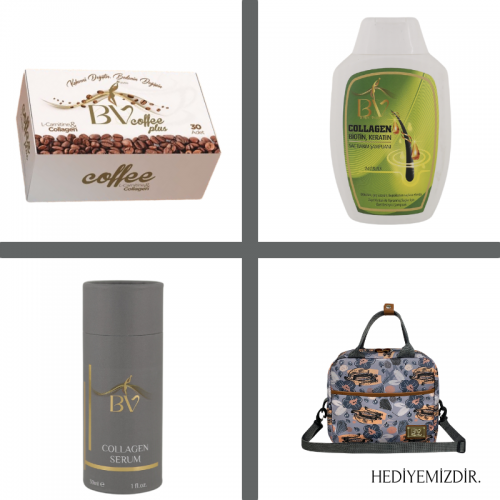 1 ADET BV MİRAS ŞAMPUAN, 1 PAKET BV COFFEE PLUS, 1 ADET COLLAGEN SERUM,1 THERMAL ÇANTA HEDİYE