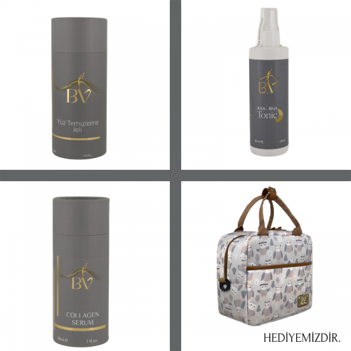1 ADET BV YÜZ TEMİZLEME JELİ, 1 ADET BV TONİK,1 ADET BV COLLAGEN JEL 1 THERMAL ÇANTA HEDİYE