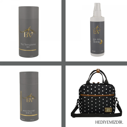 1 ADET BV YÜZ TEMİZLEME JELİ, 1 ADET BV TONİK, 1 ADET AKNE ÖNLEYİCİ SERUM 1 THERMAL ÇANTA HEDİYE